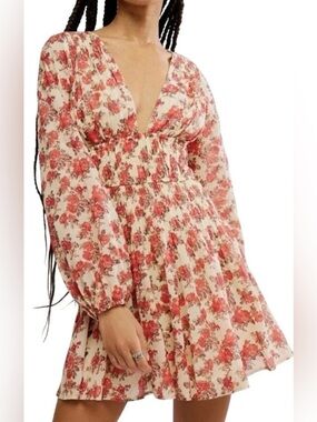 Free People Keep You Floral Smocked Empire Waist Mini Dress Bell Sleeve Boho M